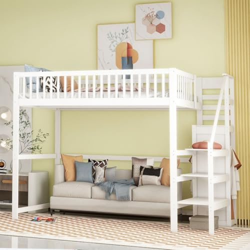 PUGSDRLY Lit Mezzanine 2 Place,Lit Enfant,Lit Mezzanine Enfant 140x200cm,avec Escalier de Rangement et Petite Armoire,Design de Clôture Haute,Lit Adolescent,Blanc (140x200cm)