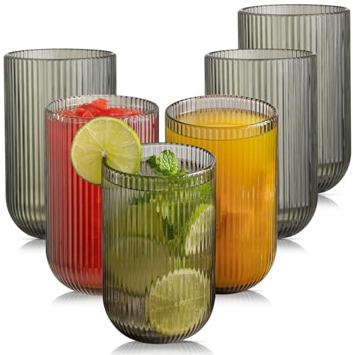 TKNO 6X 410ml Ribbed Highball Glasses Tall Hi Ball Glass Water Gin Juice Cocktail Drinking Glassware Origami Style Fluted Ripple Beverage Tumblers Set, Ideal for Home, Restaurant, Events & Parties