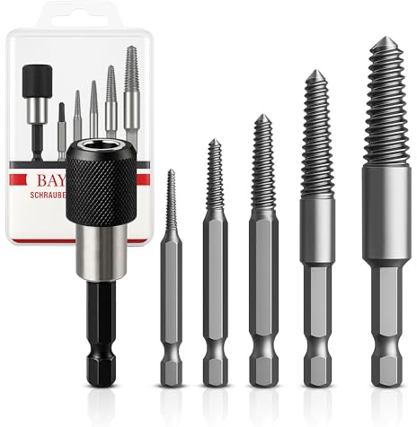 BAYERTAL® Schraubenausdreher Set 6tlg E6.3 – Linksausdreher mit Schnellwechsel Bitaufnahme – Schrauben Entferner + Ausdreher für beschädigte & festsitzende Schrauben – Schraubenlöser screw extractor