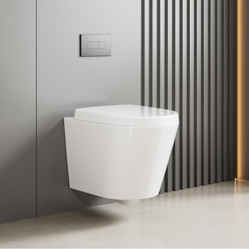 Hängend WC Spülrandlos Toilette, Wand-WC Set aus Keramik mit Toilettendeckel Abnehmbaren Absenkautomatik Effizienter Spültechnik Hängetoilette, D-Form,Lang 51cm, Weiß