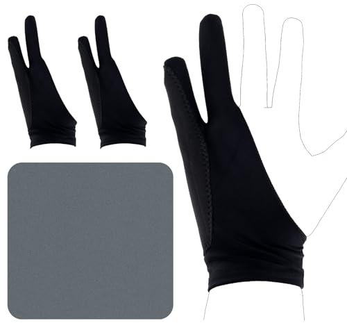 BOXOB Zwei-Finger-Künstlerhandschuh für iPad & Grafiktablett, 20x8cm Stylus-Stift-Kunsthandschuh mit Reinigungstuch Wischschutz Digitale Zeichenhandschuhe für Rechts und Linkshänder (Medium)