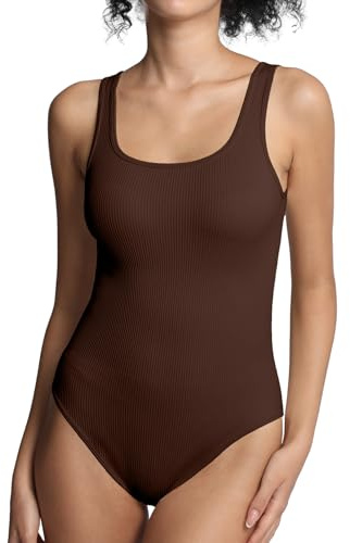 Lemef Bodysuits for Women Ribbed Sleeveless Square Neck Tank Top Bodysuits Sexy Trendy Outfit for Going out Coffee M
