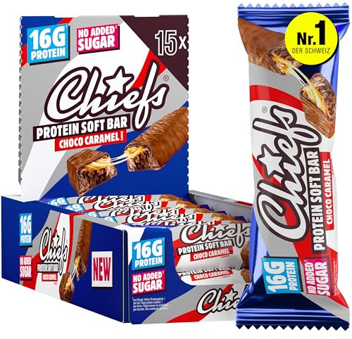 CHIEFS Soft Protein Riegel - 15er Box, High Protein Bar - Ohne Zuckerzusatz & kein Palmöl - Schokolade Karamell - Fitness Snack - 15x55gr Eiweißriegel