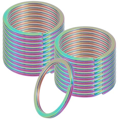 sourcing map 20pcs Split Keychain Rings, 35mm Round Flat Keyrings Stainless Steel Open Key Chain Ring Dog Tag Rings for DIY Keychain Craft Lanyard, 2mm Thick, Rainbow