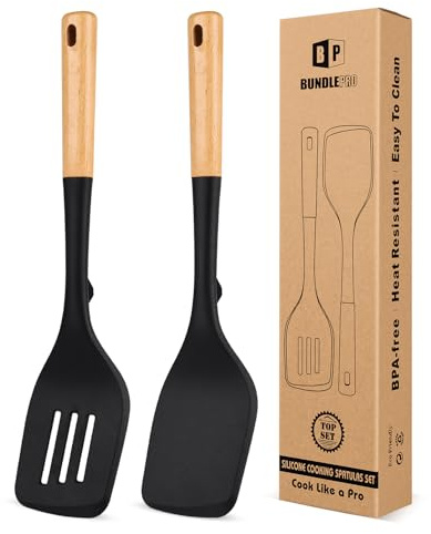 Packung von 2 großen Silikon Spatel, Hitzebeständige Solid Turner, Non-Stick Schlitzspatel mit Holzgriff, Ideale Küchenutensilien für Flipping, Pfannkuchen, Eier, Fisch (Schwarz)
