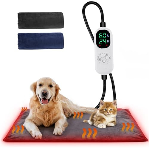 Angelpet Tapis Chauffant pour Chien et Chat XL 60x90cm – Températures 30–60℃ & 14 Minuteries (0–12/24H), Coussin Chauffant Électrique pour Animaux, Écran Auto-Off, Câble Anti-Morsure 1,8m, 2 Housses