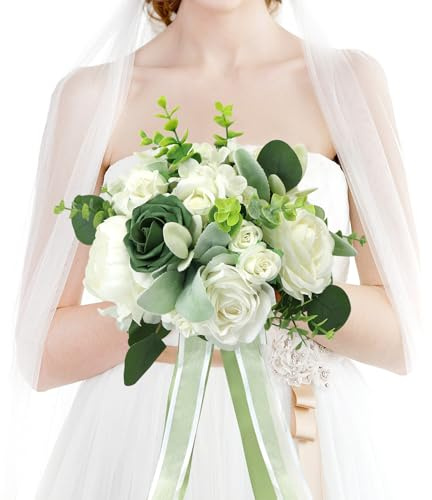 HOMENERGY Bridal Bouquets for Wedding - Artificial Flower Bouquets for Bride Pre-Made Roses Bouquets for Vintage Wedding or Centerpieces Decoration, White Green
