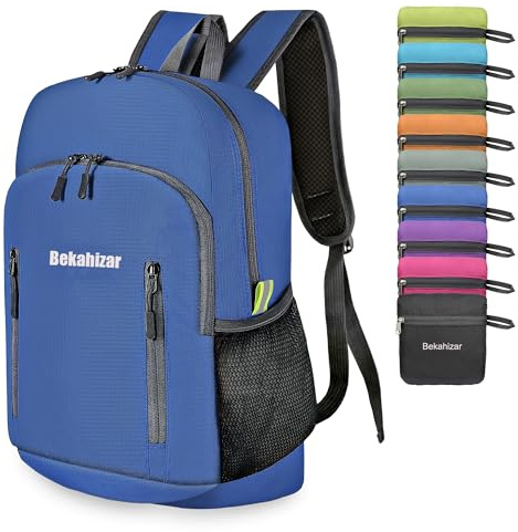 Bekahizar Sac à Dos Pliable 20L, Ultra-Léger Sac à Dos Randonnée Petit Sac à Dos de Voyage pour Hommes Femmes Enfants Sports en Plein air (bleu foncé)