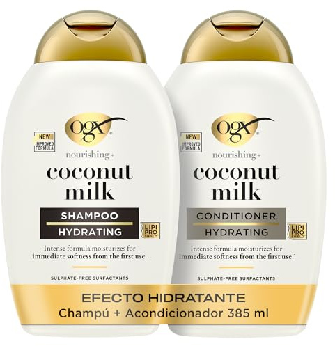 OGX Set Nourishing + Coconut Milk Shampoo y Conditioner, set de champú y acondicionador con leche y aceite de coco y proteína de leche, rutina para cabello seco, sin sulfatos