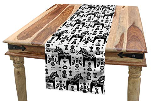 ABAKUHAUS nordisch Tischläufer, Schwede Dala Pferde, Esszimmer Küche Rechteckiger Dekorativer Tischläufer, 40 x 300 cm, Schwarz und Weiß