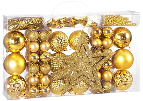 Deuba® Weihnachstkugeln 66tlg Ø 3-6cm Kunststoff matt glänzend Christbaumkugeln Christbaumschmuck Anhänger Weihnachtsbaumkugeln Weihnachtsdeko Gold
