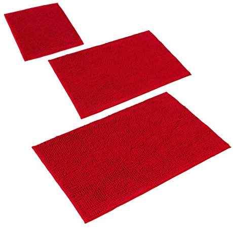PANA® Badeteppich-Set 'Paris' • Flauschige Vorleger für Badezimmer und WC • Chenille Badematten • Set: 45 x 45 cm ohne WC-Ausschnitt + 50 x 80 cm + 70 x 120 cm • Farbe: Rot