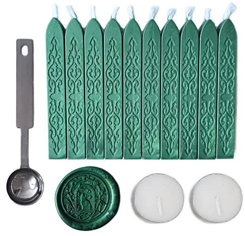 Sealing Wax Sticks with Wick, AMTOL 10 PCS Wax Seal Sticks with 2 Pcs White Candles and 1 Pcs Wax Melting Spoon, for Wedding Invitations,Cards Envelopes and Seal Stamp (Pine Green)