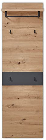 Stella Trading MEMPHIS Garderobenpaneel in Artisan Eiche Optik, Graphit - Moderne Hutablage & zuverlässige Wandhaken für Jacken & Taschen - 50 x 170 x 30 cm (B/H/T)