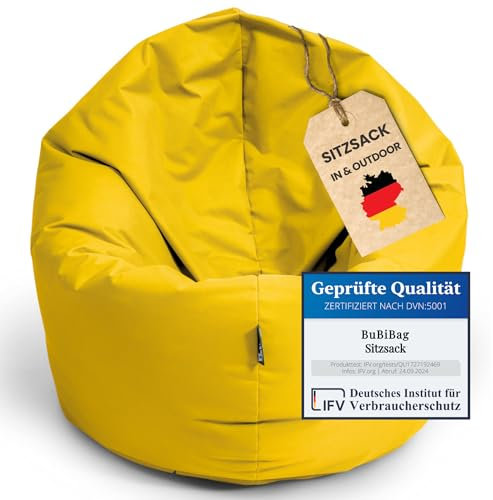 BuBiBag 2in1 Sitzsack Sitzkissen mit Füllung |Small Ø: 85 cm, Gelb | Indoor & Outdoor Beanbag | Geeignet für Kinder Innen- & Außenbereich Kinderzimmer | Wasser- & Schmutzabweisend Wetterfest
