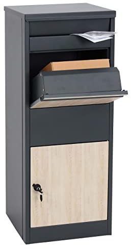 Paketkasten HWC-G80, Paketbox Standbriefkasten Briefkasten Größe L - verzinkt anthrazit, Holzoptik hell