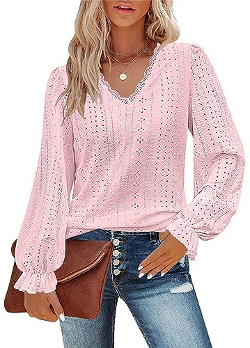 Flikity Blouses for Women Elegant Puff Long Sleeve Top Lace V Neck Womens Tops Ladies Blouses Shirts Casual Work Clothes S-XXL