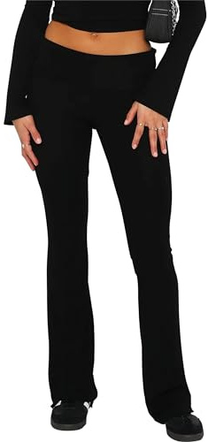 Betrodi Pantalon Skinny pour femme - Taille basse - Coupe bootcut - Extensible - Pantalon de yoga évasé - Legging plissé long Y2k - Jogging détente - Streetwear, Noir A1, M