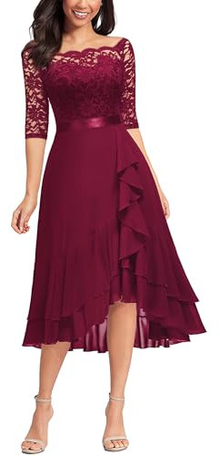 MIUSOL Women's Elegant Lace Chiffon 2/3 Sleeve Off-Shoulder Cocktail Ball Bridesmaid Patry Swing Midi Dress (XX-Large, Double Hem-Red)
