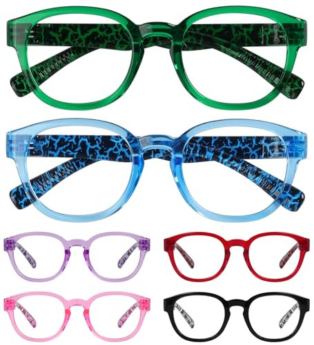 Eyekepper 6 Pack Panthos Reading Glasses Metalless Screwless Spring Hinges Readers with Patterned Temple Design for Women +1.50