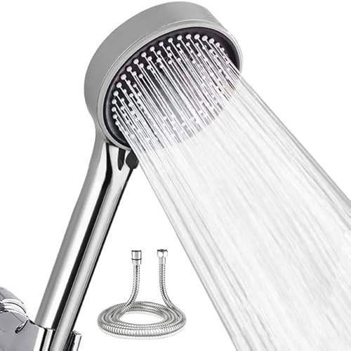Hochdruck Duschkopf mit Schlauch 2m, wassersparender Handbrause mit 5 Strahlarten (Relaxation Version), Duschbrause mit Antikalk-Funktion, runde Duschbrause (120 mm), Chrom