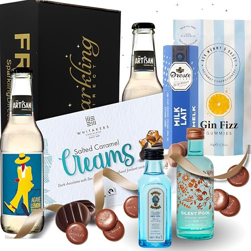 Gin Gift Set - Birthday Gifts for Women, Gin Hamper 5cl Bombay Sapphire, 5cl Silent Pool, Salted Caramel Chocolates, Gin Fizz Gummies, Droste Milk Pastilles and 2 Bottles of Artisan Lemon Tonic