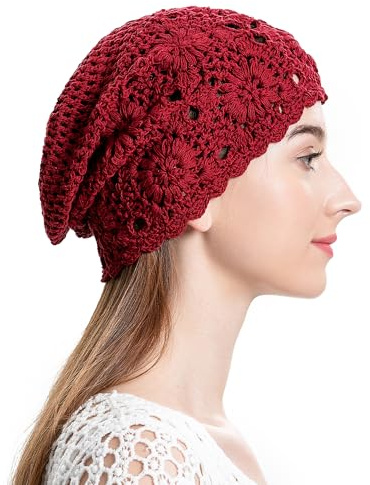 ZLYC Women Cotton Crochet Slouchy Beanie Hat Handmade Knit Summer Skull Cap(Solid Red),One Size