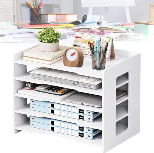 Umllpet Corbeille à courrier A4 - Organiseur de bureau pour ranger de papier A4, stylos, livres, lettres, documents, porte-documents - Blanc - 5 compartiments