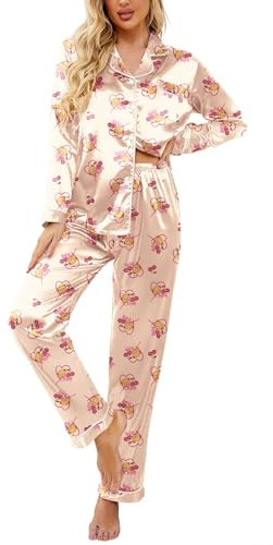 Ekouaer Pigiama da Donna Invernali in Raso Teddy Bear Biancheria da Notte Due Pezzi a Maniche Lunghe,S-2XL