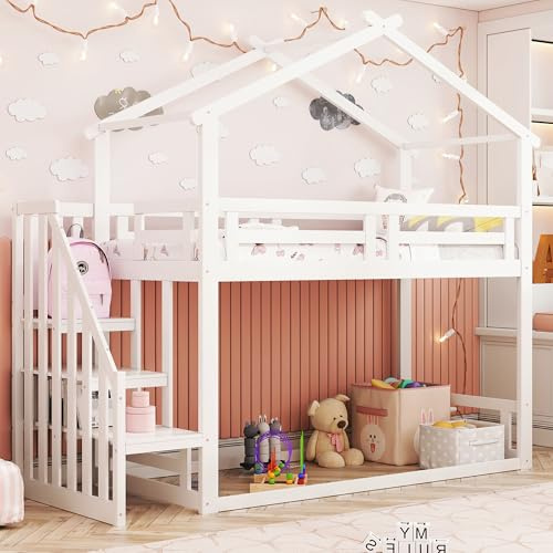 Litera de 90 x 200, cama alta para 2 niños, cama con escalera y estantes de almacenamiento, cama alta para niños con protección anticaída y somier de láminas, estructura de cama litera, cama familiar
