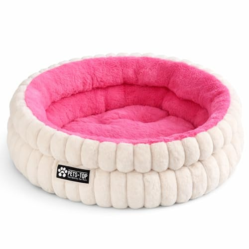 One PETS-TOP Panier Chat Moelleux – Coussin Chat ou Petit Chien Doux et Confortable – Cat Bed Antistress – Couchage Apaisant Rond et Chaud (Rose Intérieur et Blanc Extérieur, 50 cm)