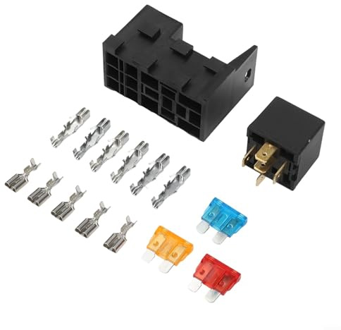 Besttoolifes Caja de portafusibles de relé de 4 ranuras, soporte de relé automotriz, enchufe impermeable de 25 A de 5 pines con 3 fusibles de cuchilla, PA66 y metal para automoción, barco, remolque