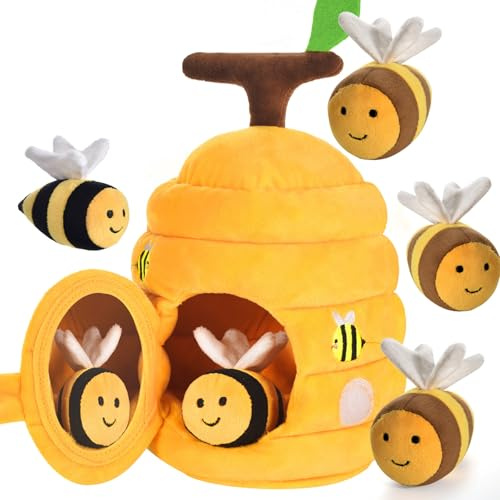 Loyzico Jouet Bebe 6 Mois- Montessori Ruche en Peluche avec 5 Sensoriel Abeilles, Jeux Eveil Bebe avec Hochet, Miroir, Cadeau Bébé Enfant Fille et Garçon dès 6 9 12 Mois 1 an