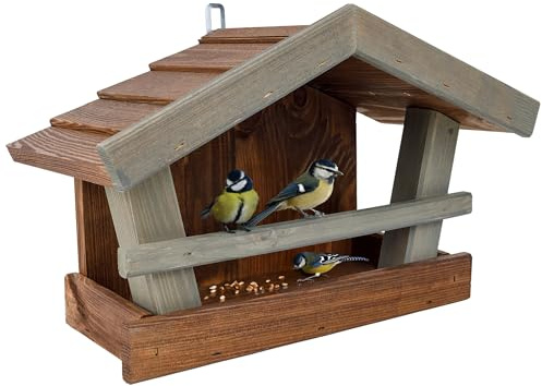 Creative Home Casetta da Giardino per Mangime Uccelli Selvatici | Mangiatoia in Legno Verde-Marrone | Casetta da Alimentazione Resistente con Tetto Protettivo per Cince, Passeri, Fringuelli