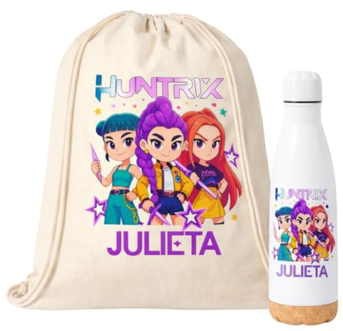 Gifters | Pack sac à dos cordons et bouteille isotherme personnalisés Style Kpop | Sac enfant avec prénom 34 × 42 cm + bouteille en acier inoxydable 750 ml | Crèche, école et excursions