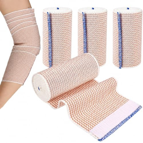 4 Pcs Premium Compression Bandage, Self-Closin Elastic Bandage Wrap (4.5m*10cm) Reusable with Self-Closures for Wrist Ankle Knee Elbow Shoulder Feet Injuries (Beige)