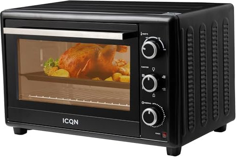 ICQN 50L Minibackofen mit Umluft, 1800 W, Innenbeleuchtung, 5 Kochfunktionen, 60 Min Timer, inkl. Backblech Set, Mini-Öfen