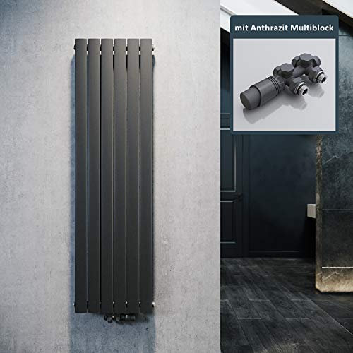 ELEGANT Design Heizkörper Flach 1600x462mm mit Anthrazit Multiblock Thermostat Flachheizkörper Anthrazit Einlagig Vertikal Heizkörper Mittelanschluss