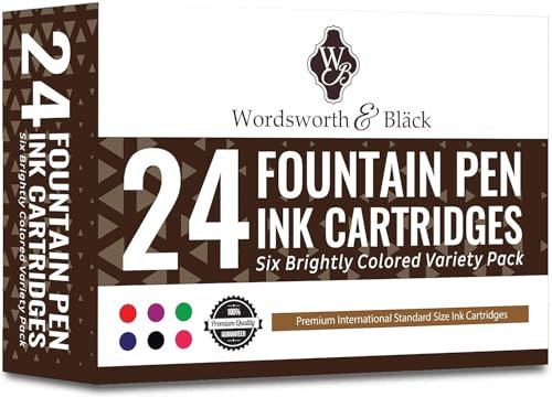 Wordsworth & Black 24 Pack Fountain Pen Ink Refills - Set of 24 Assorted Ink Cartridges - International Standard Long Size - Length APPR 2.3 - Base Diameter APPR 0.24 - Disposable and Generic
