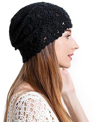 ZLYC Bonnets Printemps Automne Bonnet Souple au Crochet Fait Main pour Femmes(Uni Noir)