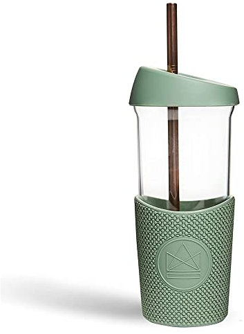 Neon Kactus Happy Camper 510ml Smoothie-Becher mit Metall Strohhalm, Mehrweg-Glasbecher, 2 x Thermo Deckel mit Silikondichtung und 1 x Thermo Hülle, Wiederverwendbar, Recycelbar, und auslaufsicher
