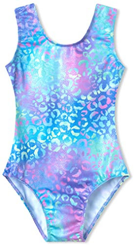 Domusgo Gymnastics Leotards for Girls 5-6 Years Old Green Purple Leopard Sparkly One Piece Tumbling Outfits