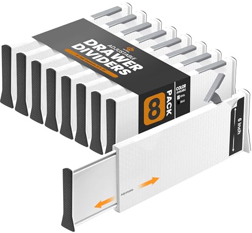 RAPTUROUS Adjustable Deep Drawer Divider – 6 Tall, Expandable 13-22, 8-Pack, Non-Slip Drawer Dividers for Clothes, Dresser, Kitchen & Office Organization (White)