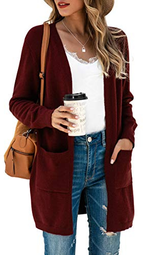 TASAMO Womens Cardigans Open Front with Pockets Side Split Draped Casual Knit Sweaters(Large, Wine red)