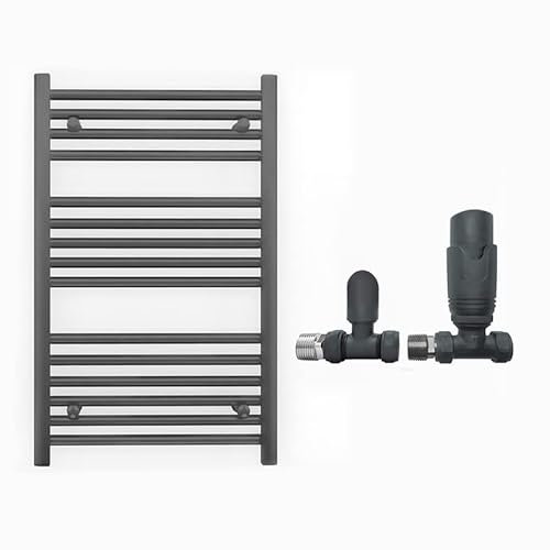 Myhomeware 550mm Wide Straight Anthracite Grey Heated Bathroom Towel Rail Radiator With Valves For Central Heating UK (With TRV Straight Valves, 550 x 800 mm (h))