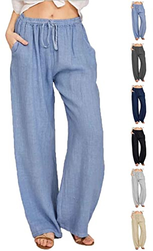 CheChury Pantalones Casual Algodón Mujer Verano Pantalon de Casa Casual Pantalones Chándal Sueltos Pantalon Pierna Ancha Mujer Comodos Pantalon Deportivo Holgado Rectos Pantalon Largo con Bolsillos