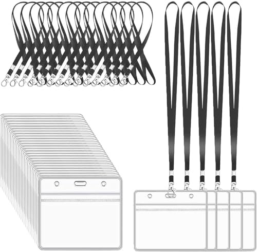XHDA 30Pcs Black Lanyards for Neck with Clear Card Holders | Nylon Lanyards, PVC Ziplock Card Holders, 45 cm Neck Length, Fits 90 x 60 mm Cards, for Offices, Schools and ID Cards