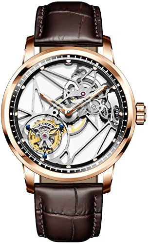 Haofa Manuelle Fliegende Tourbillon-Uhr für Herren, Doppelskelett-Uhrwerk, Saphir, Leuchtend, wasserdicht, hohl, mechanisch, Luxus-Herrenuhr 1925B Roségold