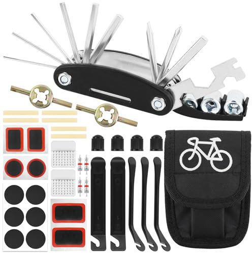Fahrrad Werkzeugset Unterwegs Flickzeug Notfallwerkzeug 16 IN 1 Fahradwerkzeugsatz Multitool Fahrrad Werkzeug Reparaturset Fahrrad Reifenreparaturset mit Tasche für Rennräder, Ebike, MTB