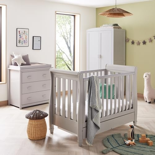 Babymore Eva 3 Piece Nursery Room Set Grey - 1 Baby Cot Bed & One 2 Door Wardrobe Having Full Size Drawer & 1 Chest Changer, Wooden Chest Of Drawer Storage Cabinet | 3 Piece Nursery Room Set Furniture